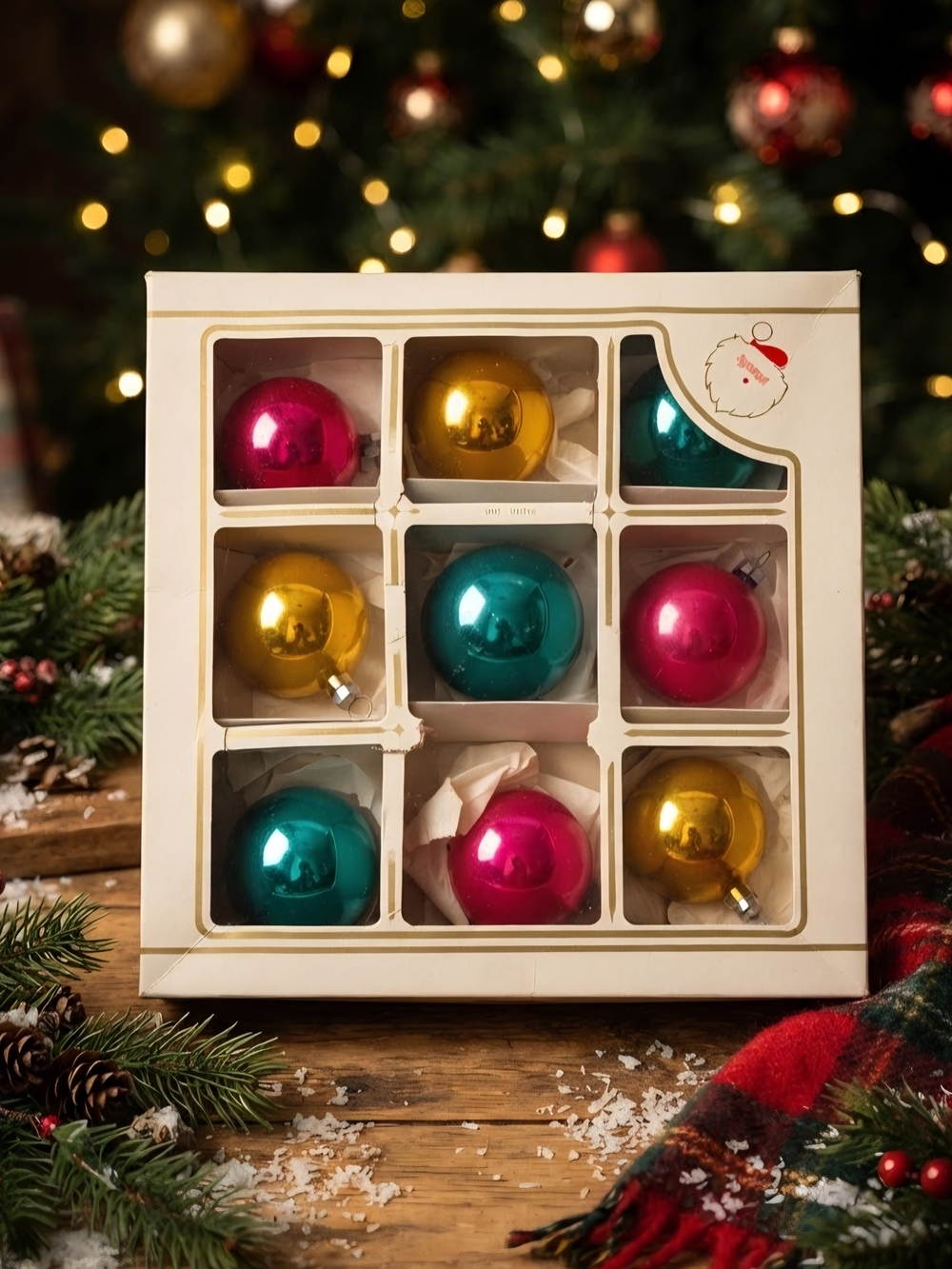 Vintage Glass Christmas Ornaments Set in box